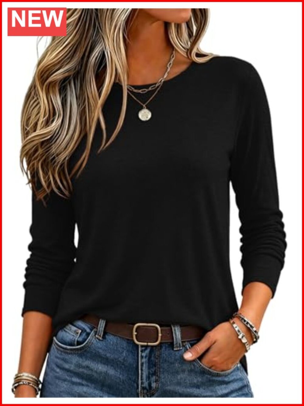 Women's Long Sleeve Crewneck T-Shirt Soft Stretch Casual Top